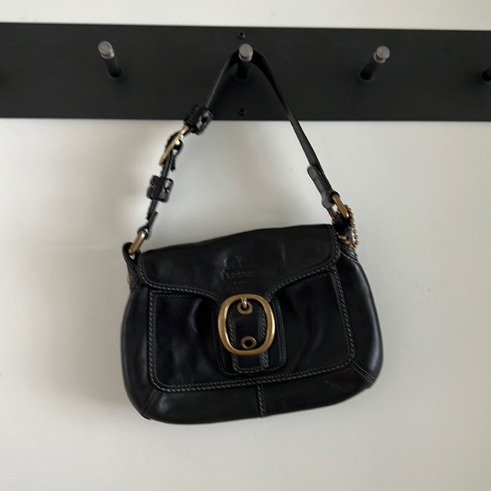 Coach Black Leather Shoulder Bag with Brass Buckle